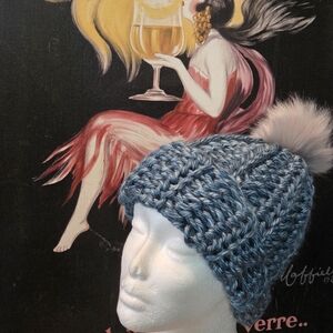 Stylish Blue Knit Beanie with Pom-Pom